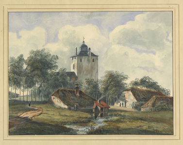 33072 Gezicht op het kasteel Den Ham bij Vleuten, met enkele omliggende boerderijen.